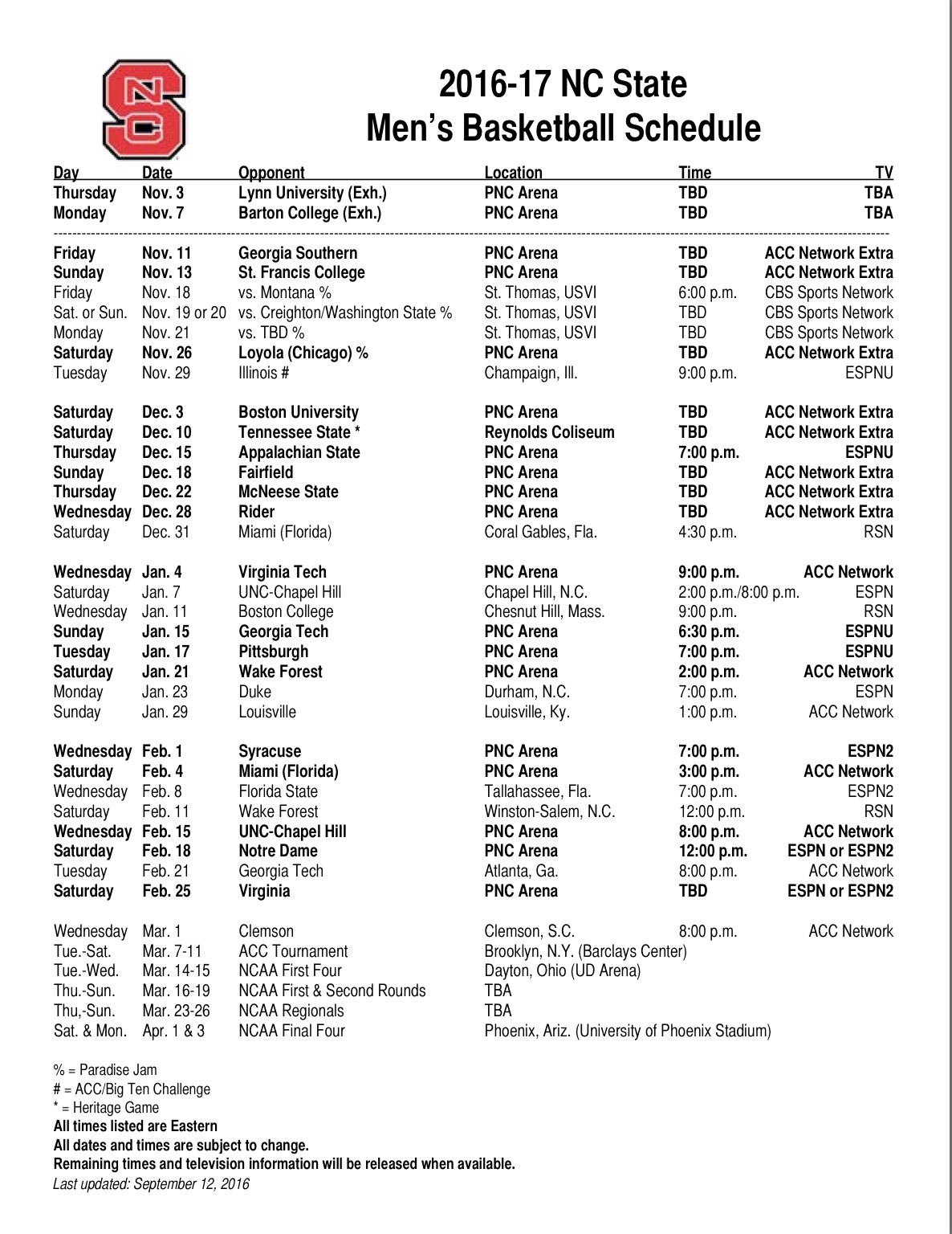 NC State Releases 2016-17 Men&#39;s Basketball Schedule - Pack Insider